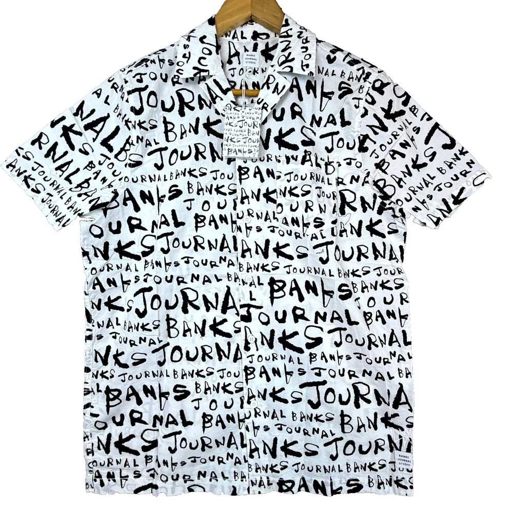 Banks Journal Dunkwell Shirt Mens Small Off‎ White Black Script All Over Print